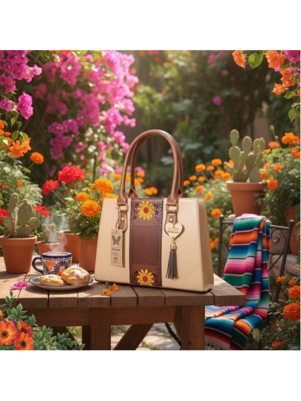 Beige Sunflowers Embossed Tooled Artisan Bag Purse Tote Handbag Bolsa Artesanal - Picture 16 of 16